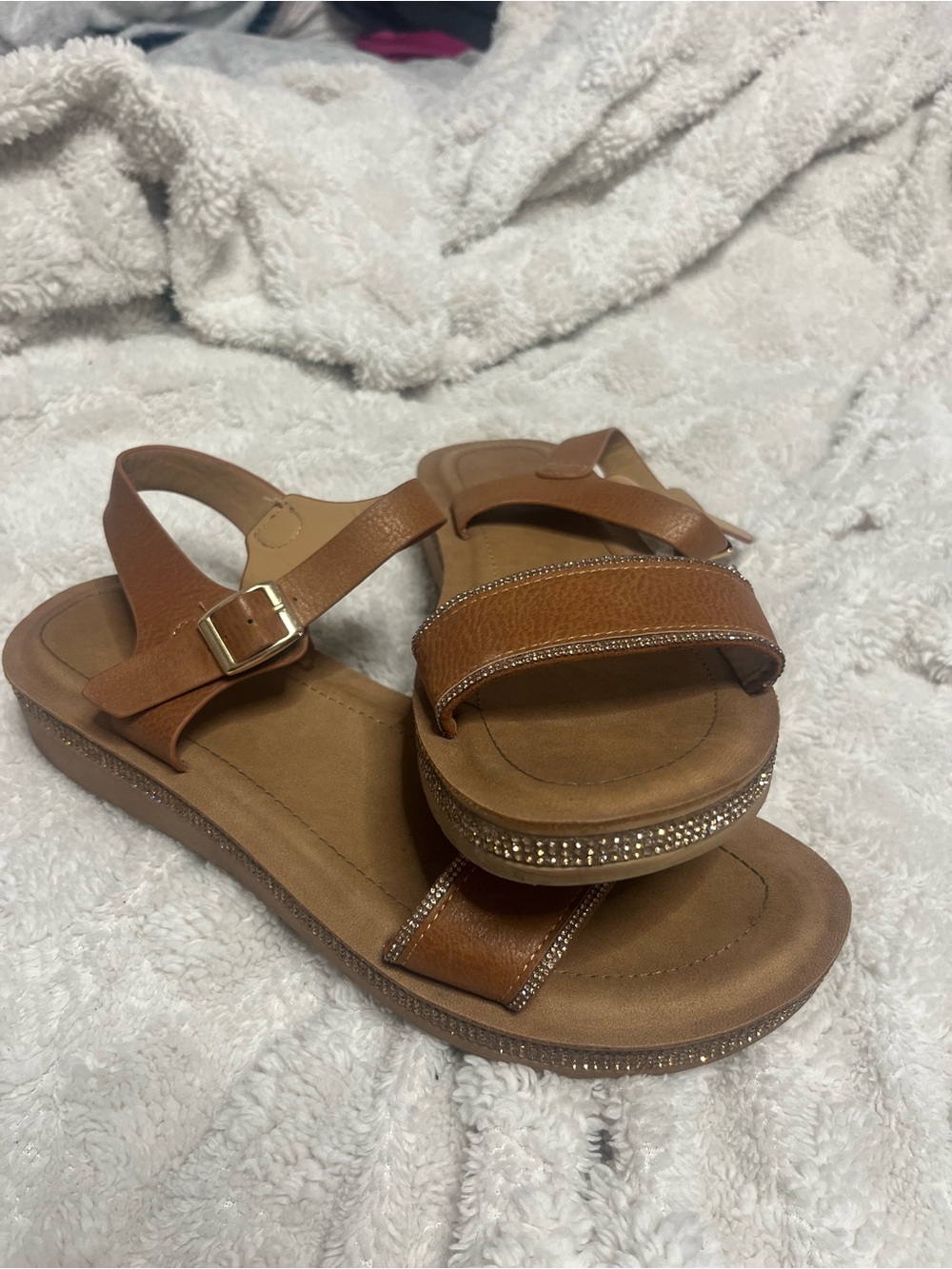 Women’s Tan Platform Sandals with Gem Trim